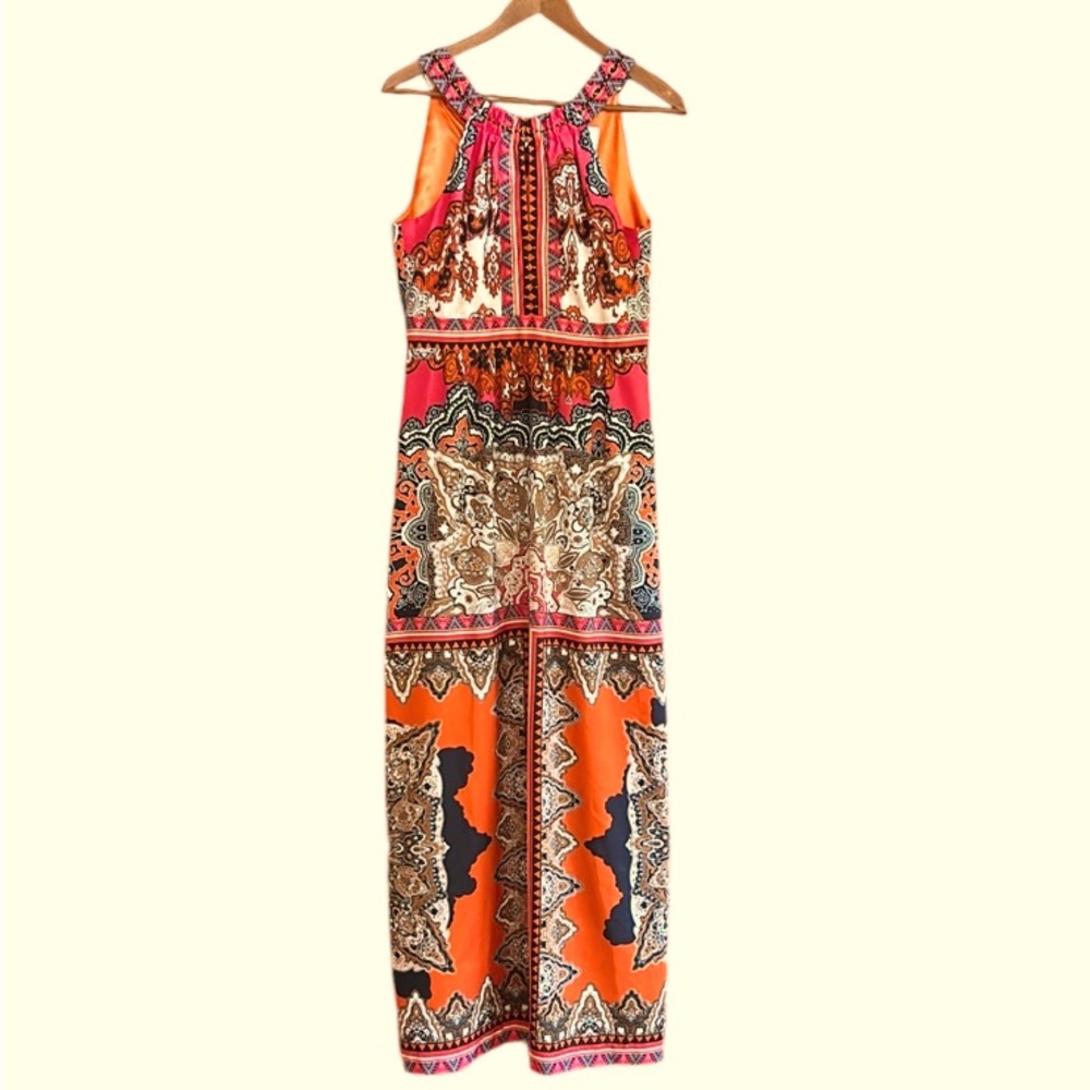 BEIGE by eci maxi dress, sleeveless with keyhole and beading at the neck, sz 4